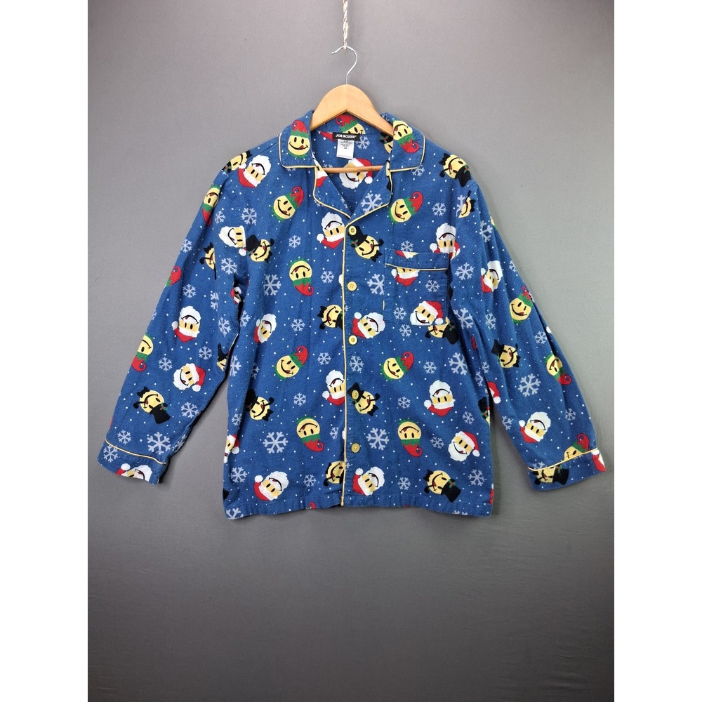 Joe Boxer Pajama Top Christmas Smiley Face Santa Medium Blue Flannel Button Up